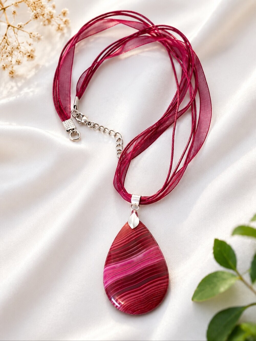 Burgundy Banded Agate Ribbon Necklace Adjustable 17-19 Inch Statement Pendant